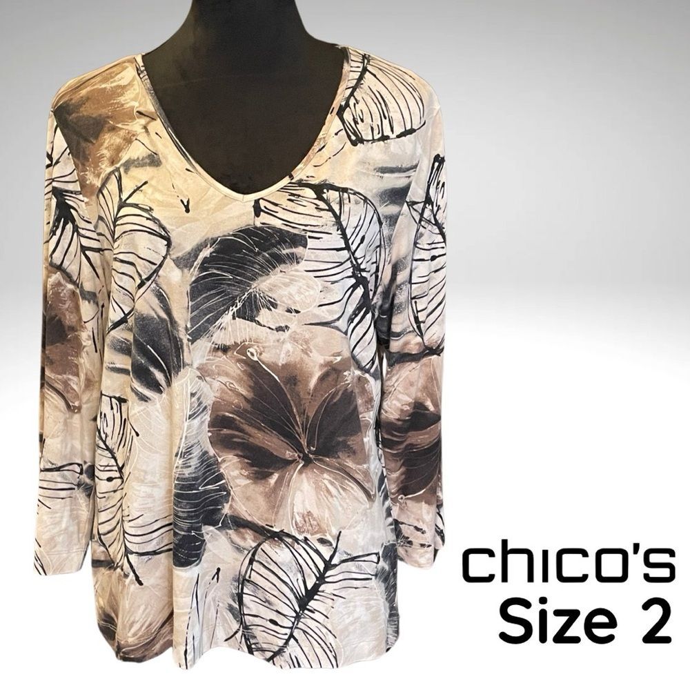 Chico’s Long Sleeve Floral Leaf Print Top – Size 2 (M/L)